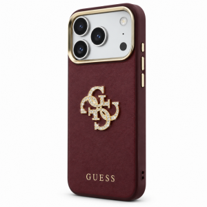 4351 Кейс GUESS за iPhone 18 Pro Max – бордо, гладко PU покритие и голямо лого с кристали